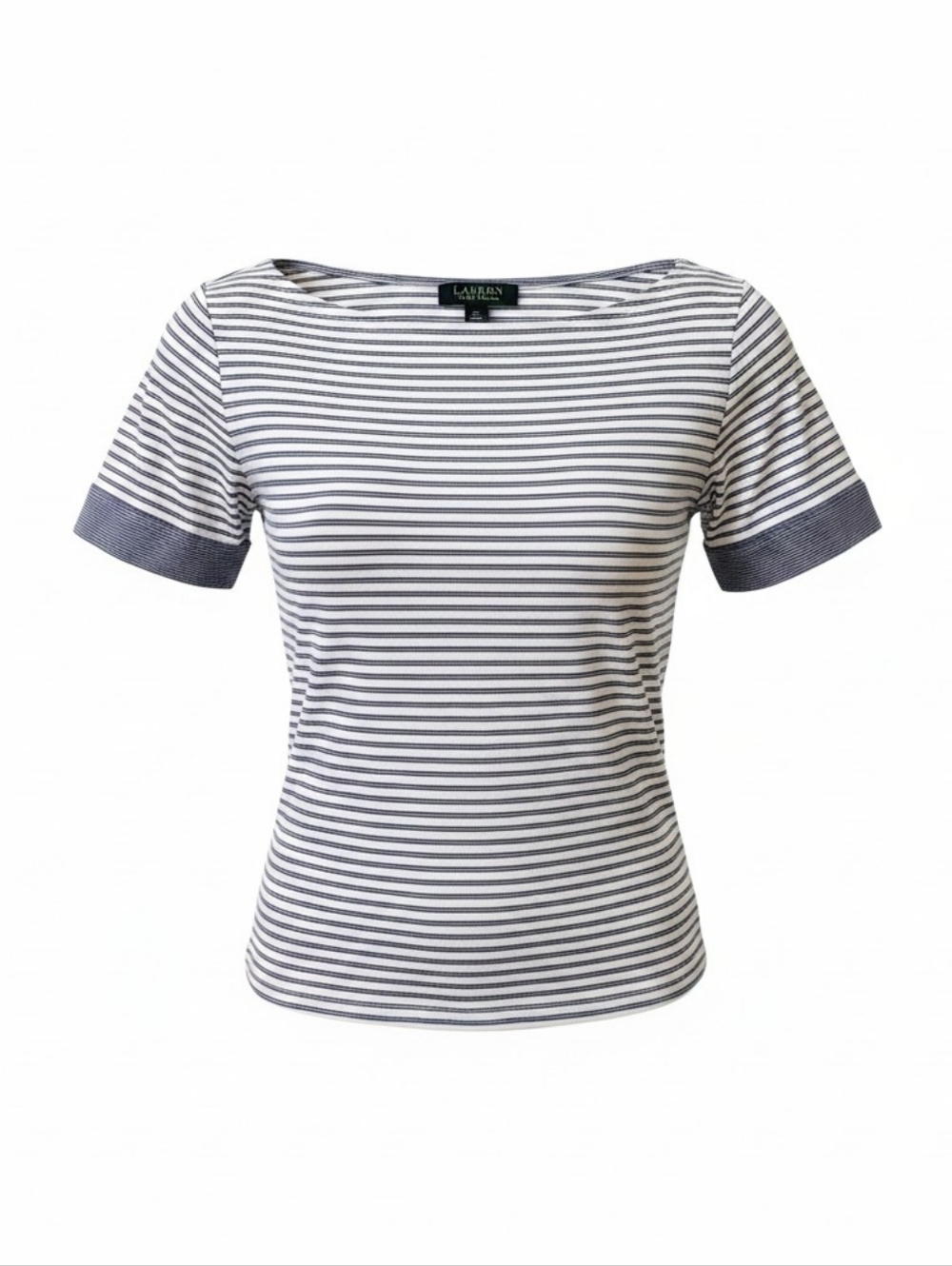 Lauren Ralph Lauren Top TShirt Sz PL Navy Blue White Stripe 100% Cotton Boatneck